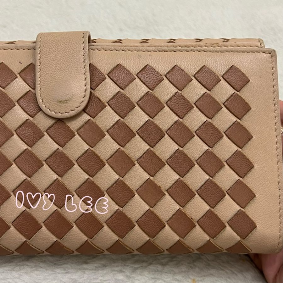 BOTTEGA VENETA 粉淺膚搭配棕色 拼色 細編織 長夾 雙扣式長夾 二手精品-30