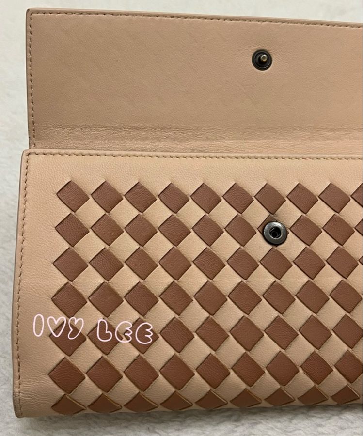 BOTTEGA VENETA 粉淺膚搭配棕色 拼色 細編織 長夾 雙扣式長夾 二手精品-31