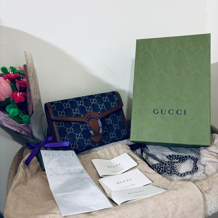 誠可議價 🍎 Gucci Dionysus GG Supreme 雙G 牛仔 稀有牛仔單寧 酒神釦飾鍊帶WOC 皮夾肩背包-4