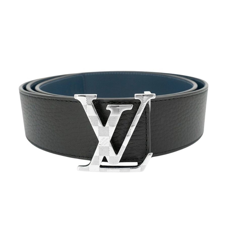 Louis Vuitton Damier 小牛皮雙面銀logo皮帶-100cm(黑/藍)-0