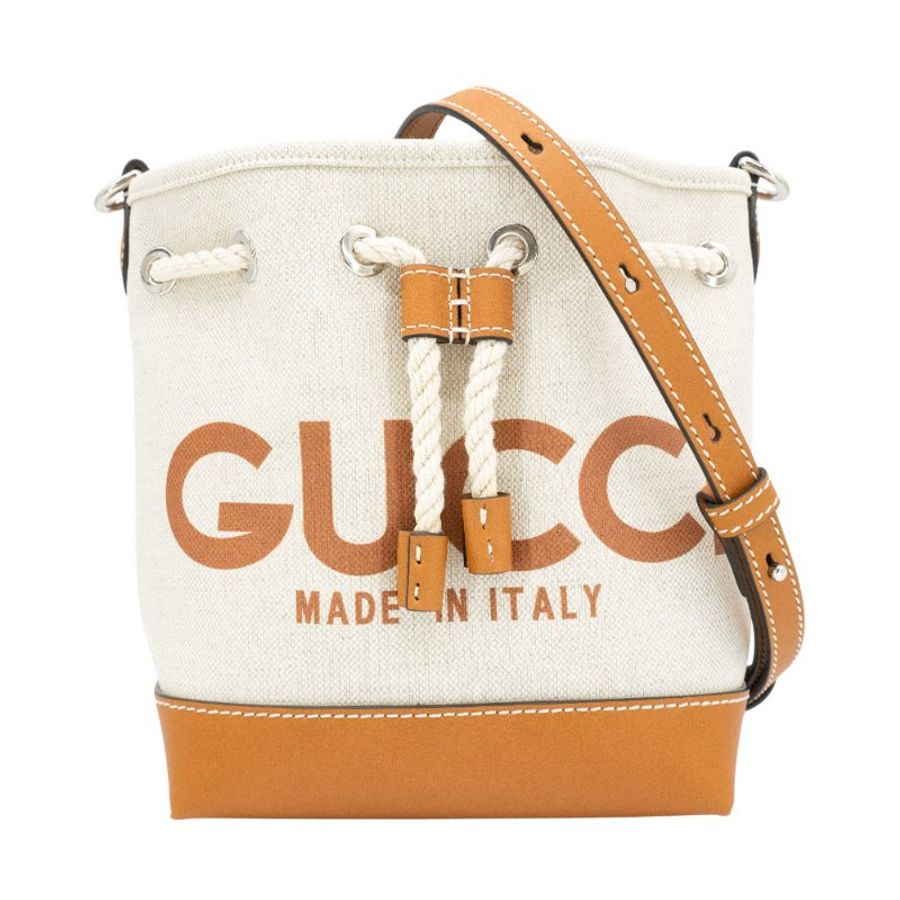 Gucci 棉麻帆布內裡GG印花肩背水桶包-Mini(777166-米)-0