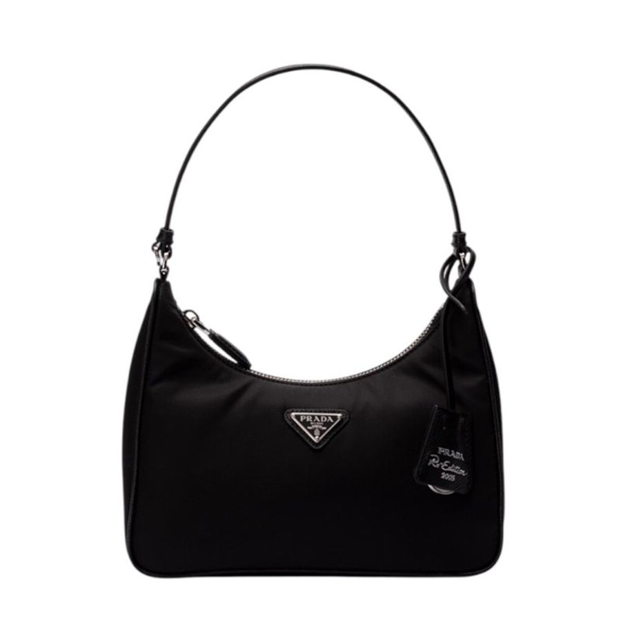 【PRADA 普拉達】Re-Edition 2005 Re-Nylon 迷你 尼龍 皮革肩帶 手拿包 腋下包 黑色 銀色 1N204M-0