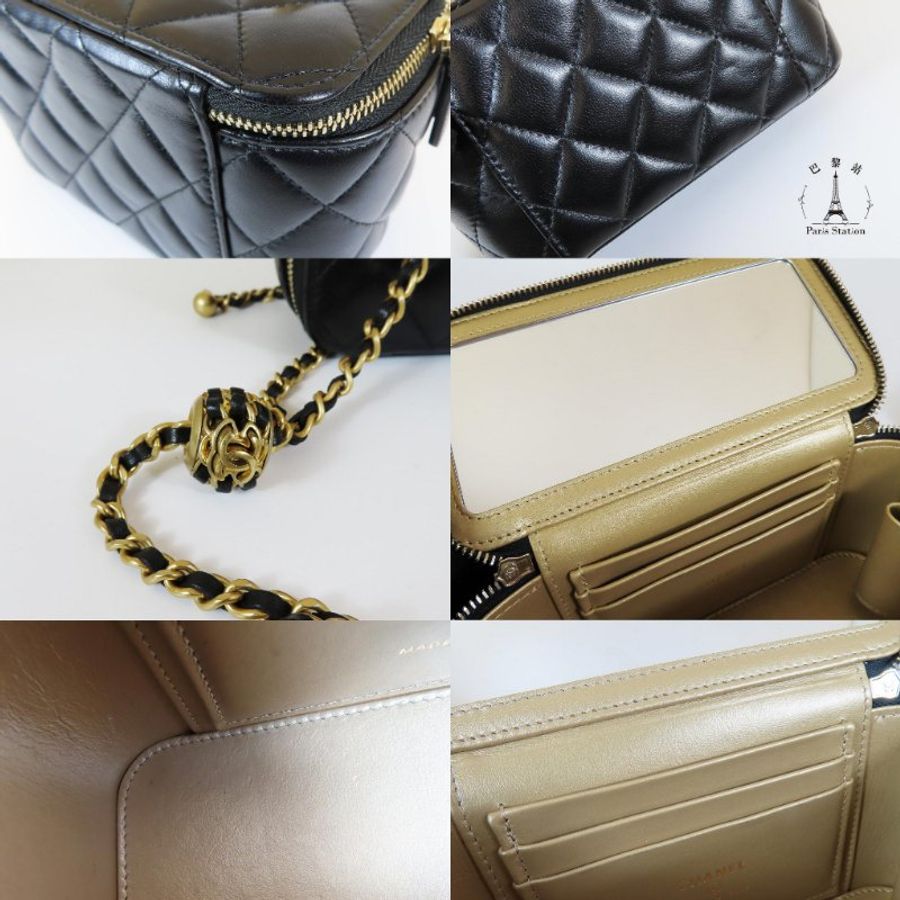 【巴黎站二手名牌專賣店】*現貨*CHANEL香奈兒真品*黑色羊皮金雙C核桃金球調節扣化妝鍊包 斜背肩背包-6