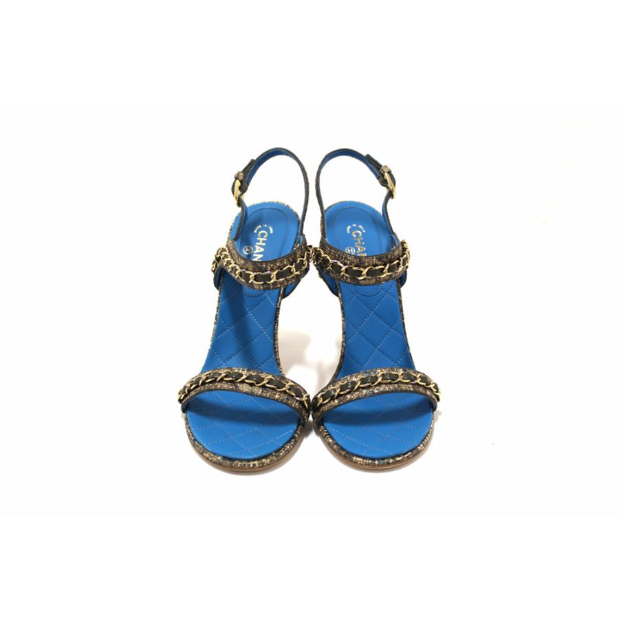 NEW Chanel Blue Leather and Tweed Chain Strap Sandal Heel Shoes Size 37-1
