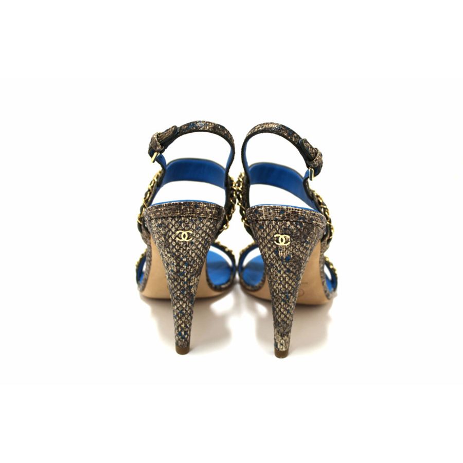 NEW Chanel Blue Leather and Tweed Chain Strap Sandal Heel Shoes Size 37-3