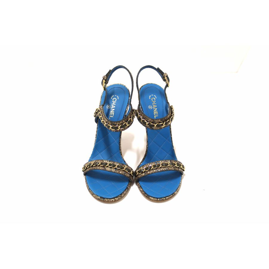 NEW Chanel Blue Leather and Tweed Chain Strap Sandal Heel Shoes Size 37-5