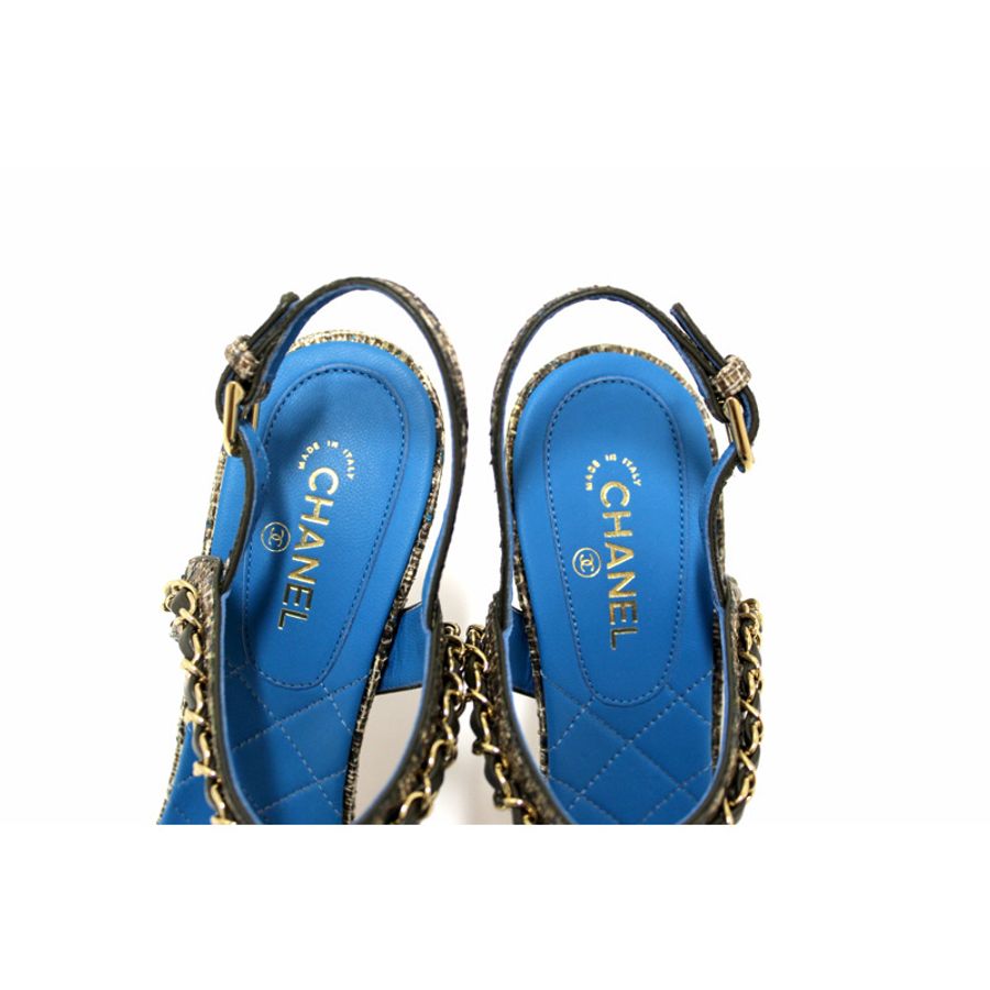 NEW Chanel Blue Leather and Tweed Chain Strap Sandal Heel Shoes Size 37-6