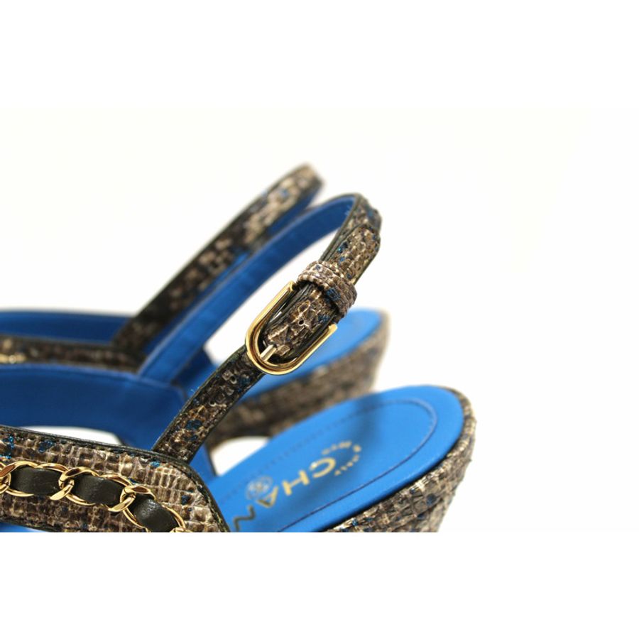 NEW Chanel Blue Leather and Tweed Chain Strap Sandal Heel Shoes Size 37-8