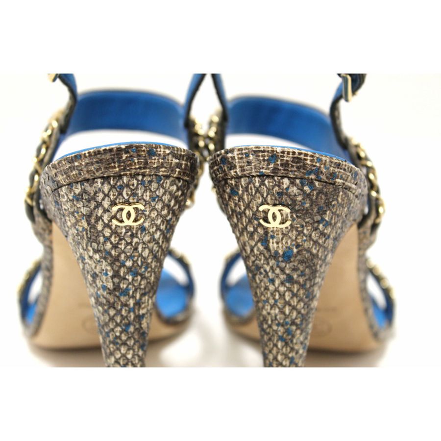 NEW Chanel Blue Leather and Tweed Chain Strap Sandal Heel Shoes Size 37-9