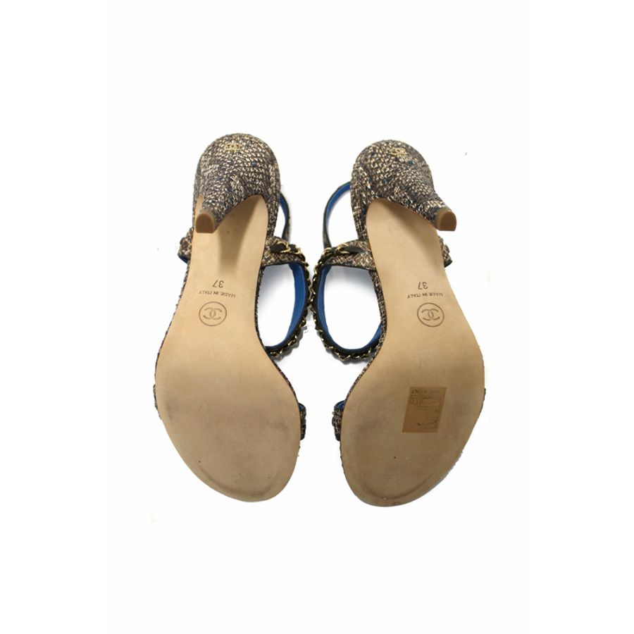 NEW Chanel Blue Leather and Tweed Chain Strap Sandal Heel Shoes Size 37-10