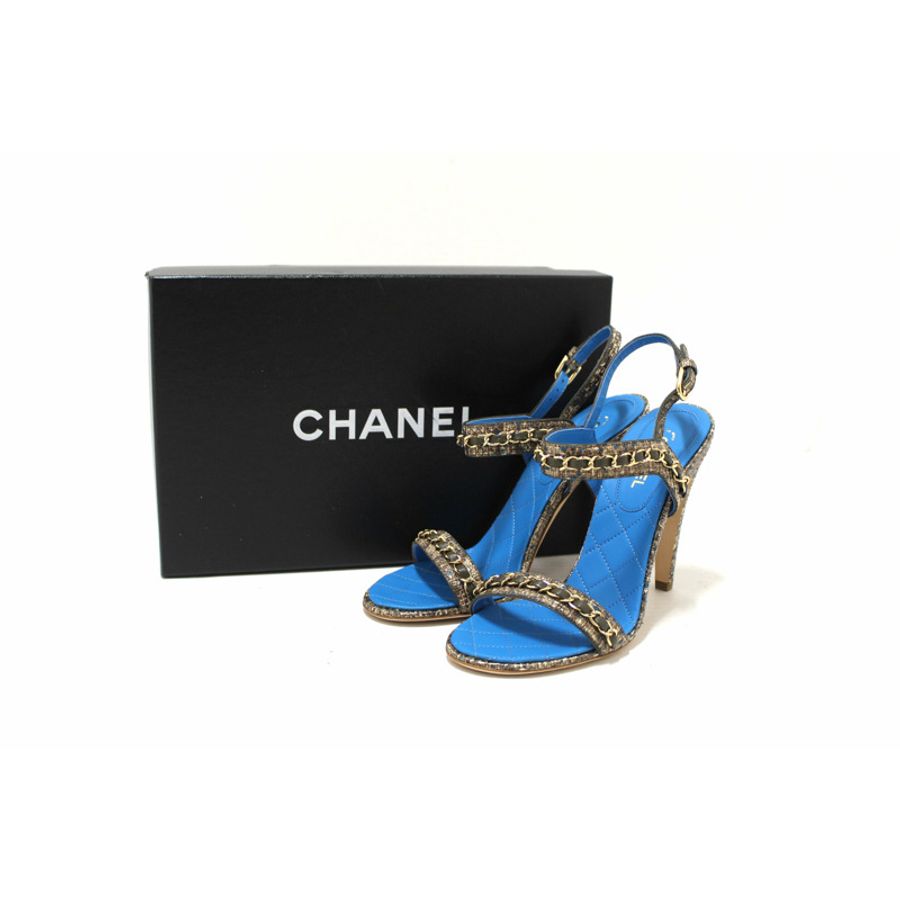NEW Chanel Blue Leather and Tweed Chain Strap Sandal Heel Shoes Size 37-12