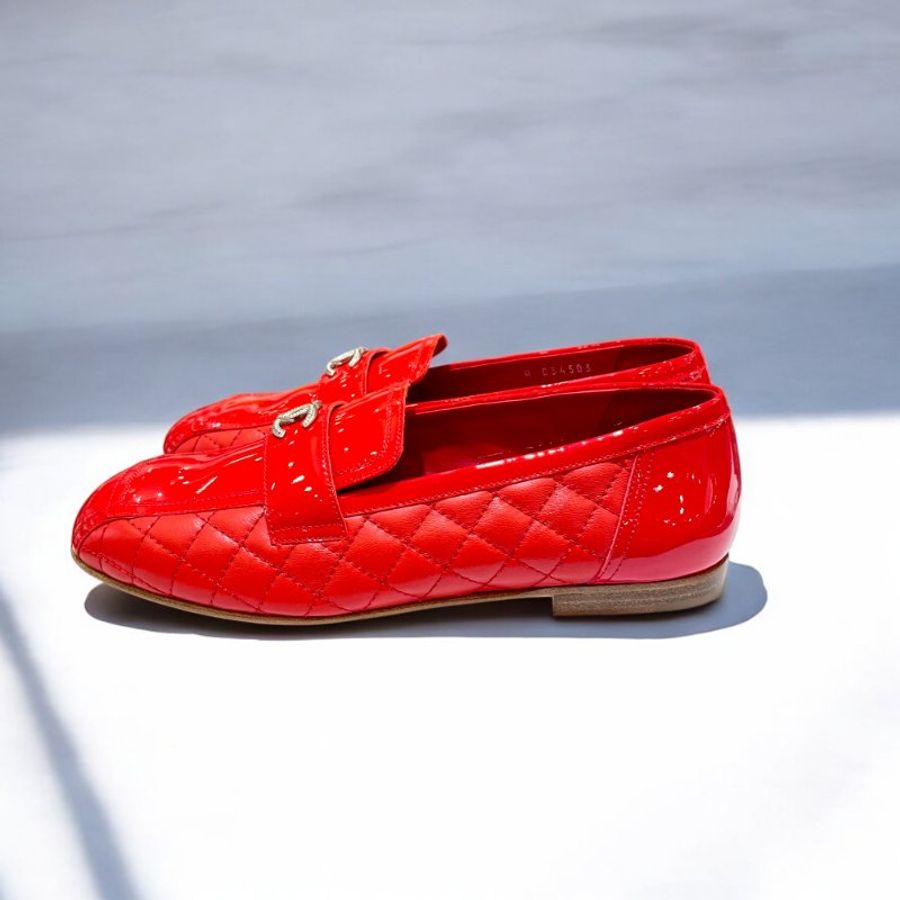CHANEL 漆皮紅金福樂鞋/36.5-5