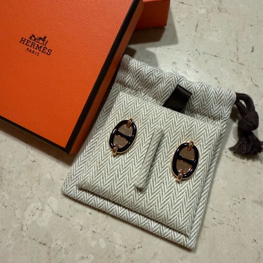 全新品 HERMES 愛馬仕 Mini Maillon耳環 黑色-0