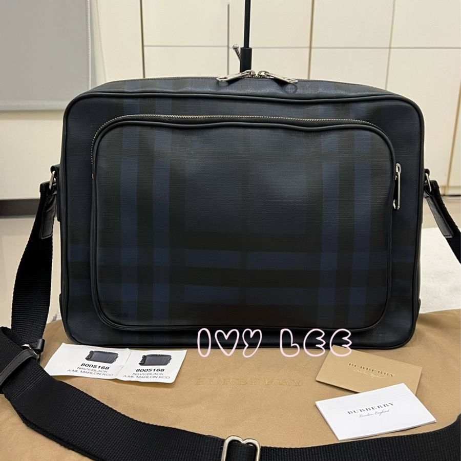 Burberry 8005168 海軍藍 格紋斜背包 通勤包 公事包 肩背包 二手精品-0
