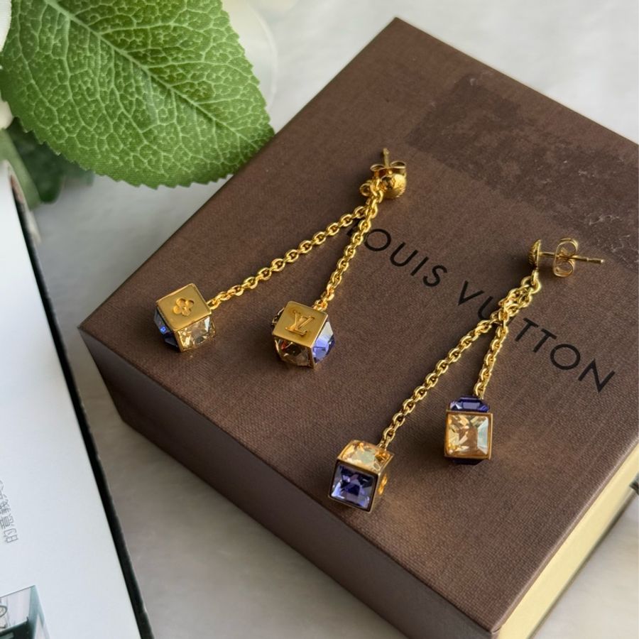 Louis Vuitton Gamble 垂墜立方體造型針式耳環(藍紫色/金色)-2