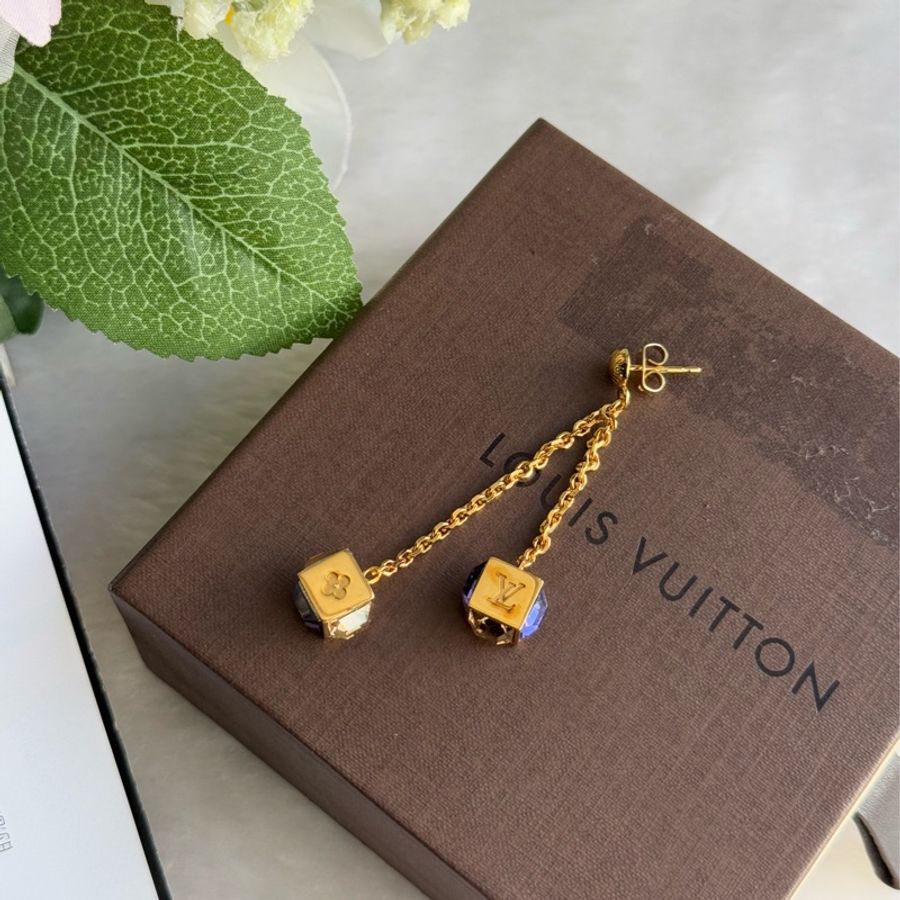 Louis Vuitton Gamble 垂墜立方體造型針式耳環(藍紫色/金色)-4
