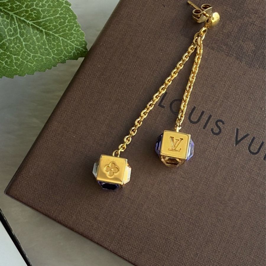 Louis Vuitton Gamble 垂墜立方體造型針式耳環(藍紫色/金色)-7