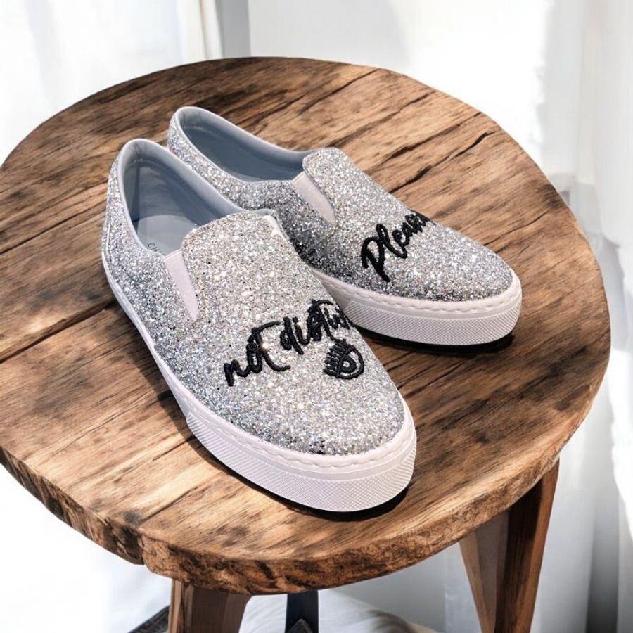 Chiara Ferragni 刺繡草寫字亮片帆布鞋/銀-38-1