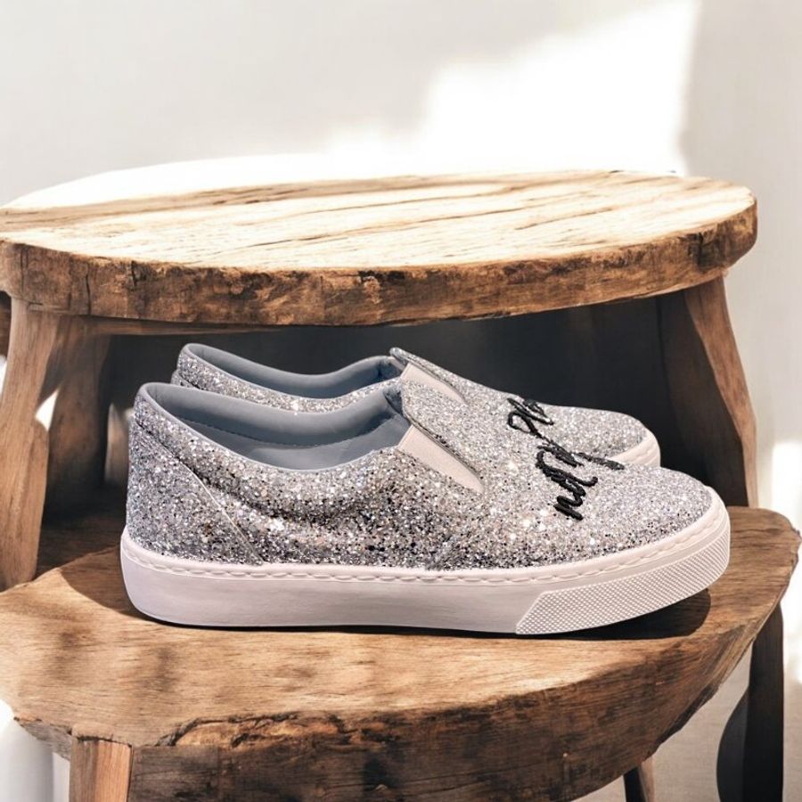 Chiara Ferragni 刺繡草寫字亮片帆布鞋/銀-38-3