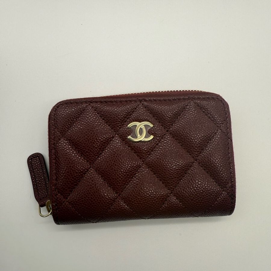 Chanel 香奈兒 全新 荔枝紋牛皮 魚子醬 拉鍊 卡夾 名片夾 酒紅色-0