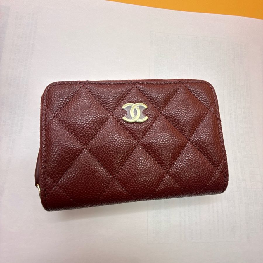 Chanel 香奈兒 全新 荔枝紋牛皮 魚子醬 拉鍊 卡夾 名片夾 酒紅色-5