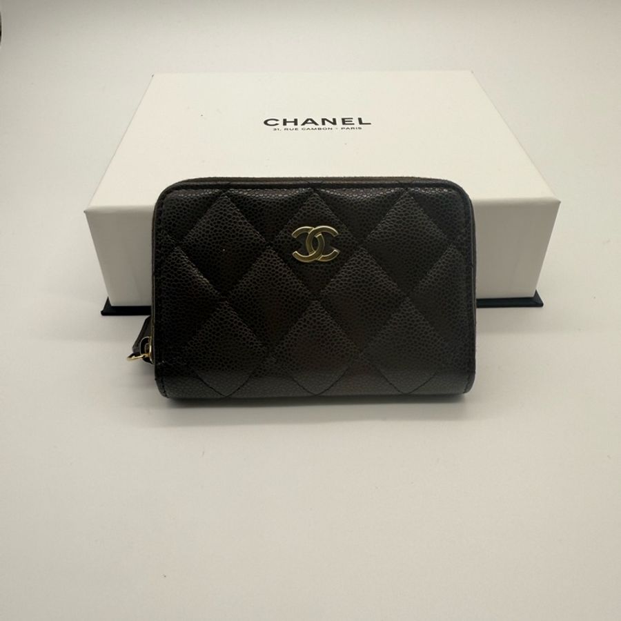 Chanel 香奈兒 全新 荔枝紋牛皮 魚子醬 拉鍊 卡夾 名片夾 深咖啡色-0