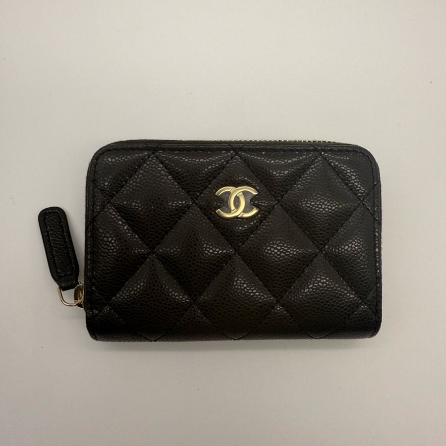 Chanel 香奈兒 全新 荔枝紋牛皮 魚子醬 拉鍊 卡夾 名片夾 深咖啡色-1
