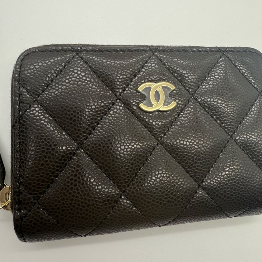 Chanel 香奈兒 全新 荔枝紋牛皮 魚子醬 拉鍊 卡夾 名片夾 深咖啡色-3
