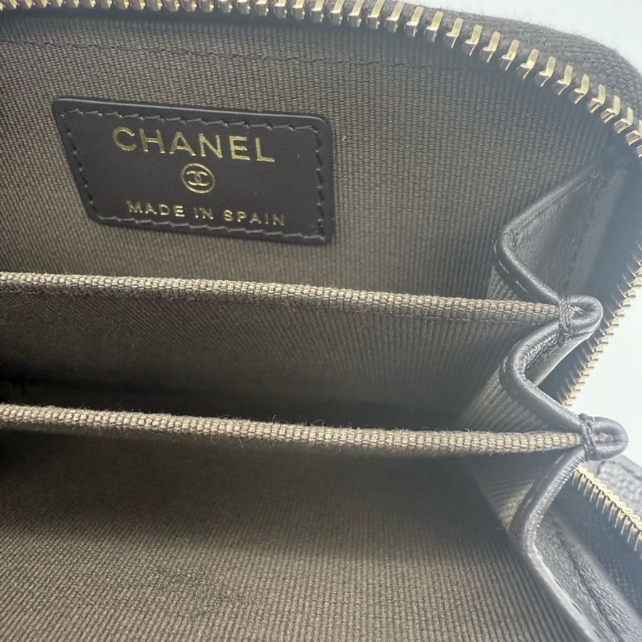 Chanel 香奈兒 全新 荔枝紋牛皮 魚子醬 拉鍊 卡夾 名片夾 深咖啡色-6