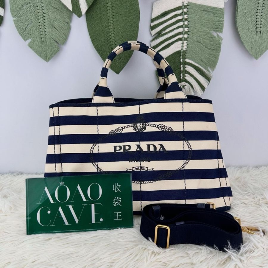 PRADA 藍白色橫間帆布 Tote bag 手提包-0