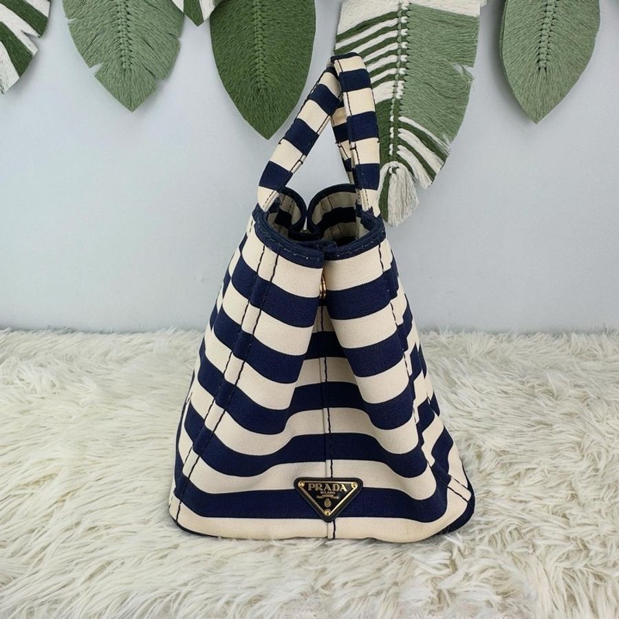 PRADA 藍白色橫間帆布 Tote bag 手提包-1