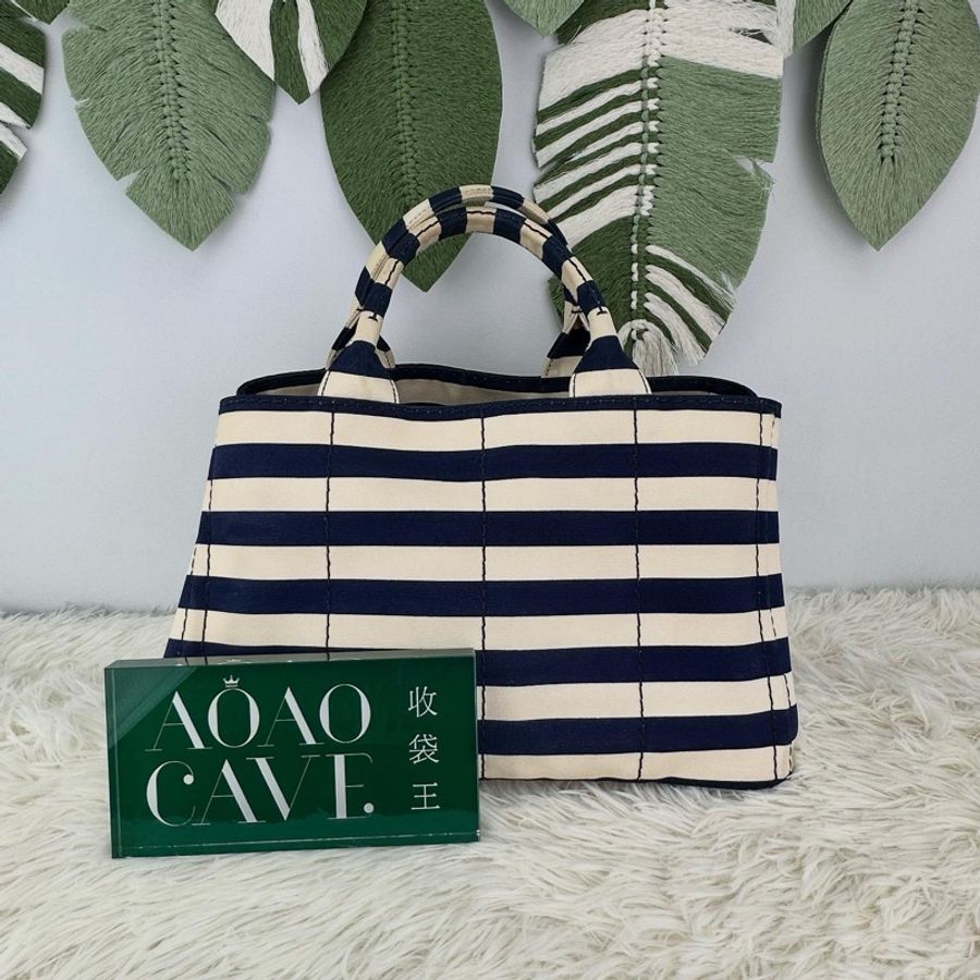 PRADA 藍白色橫間帆布 Tote bag 手提包-3