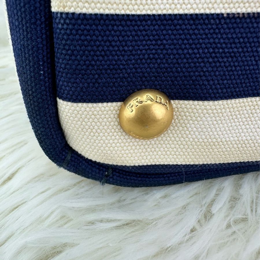 PRADA 藍白色橫間帆布 Tote bag 手提包-7