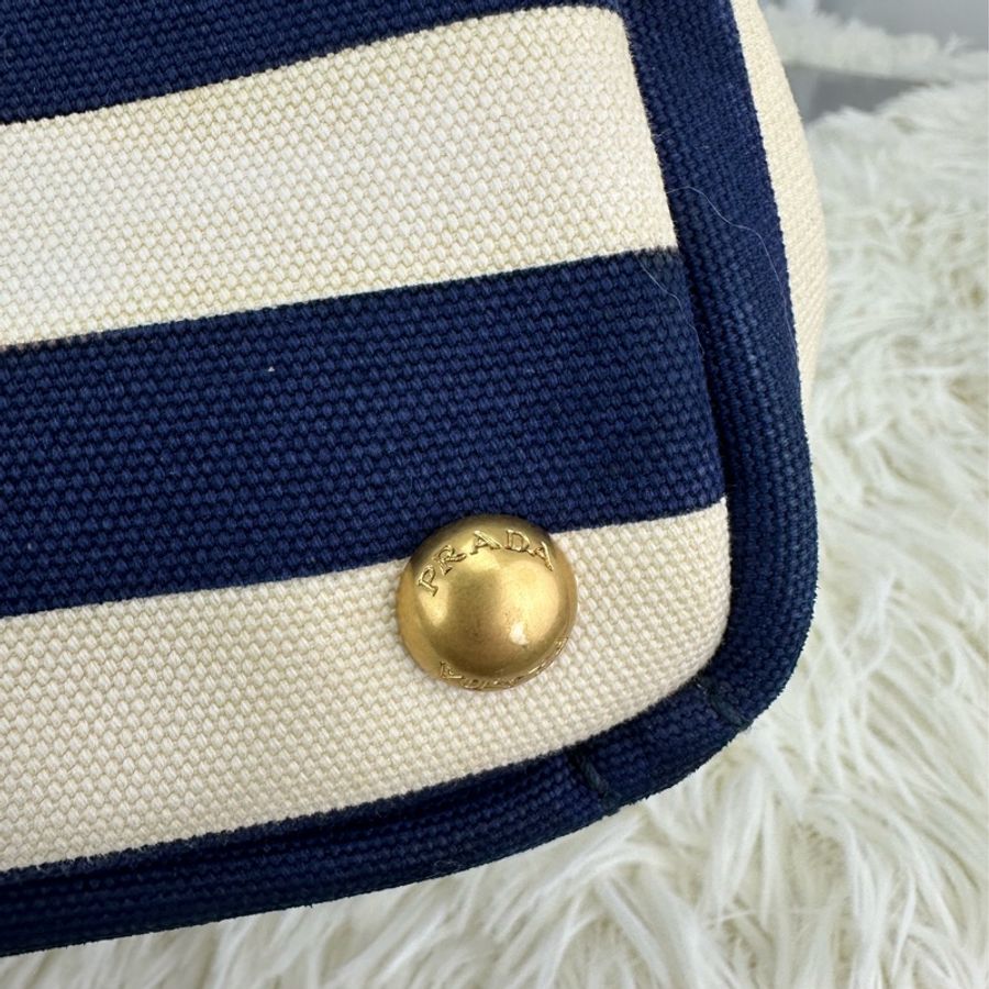 PRADA 藍白色橫間帆布 Tote bag 手提包-9