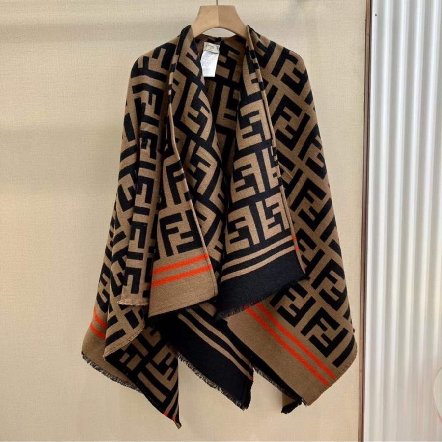 Fendi Frayed wool and silk-blend jacquard poncho 真絲混紡羊毛披肩圍巾-1