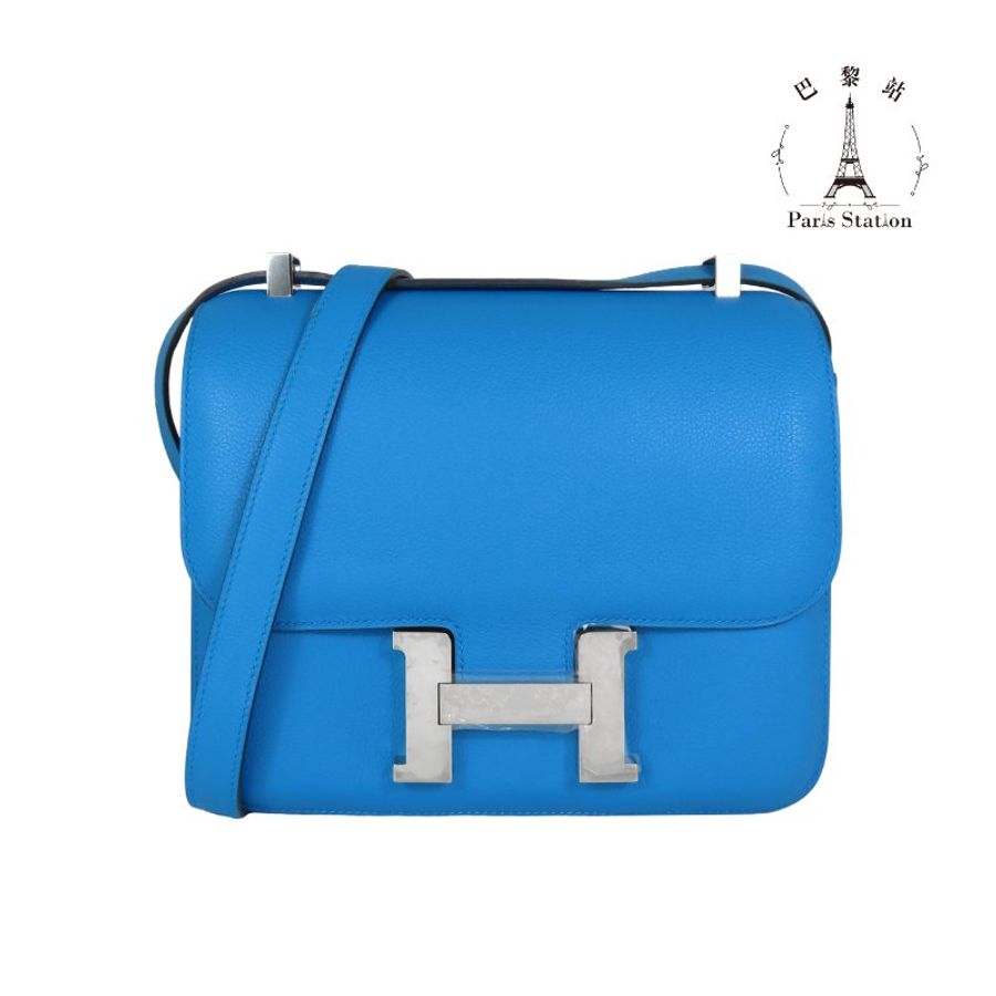 【巴黎站二手名牌專賣店】*現貨*HERMES 愛馬仕 真品*A刻 Constance 24 土耳其藍銀H康康肩背斜背包-0