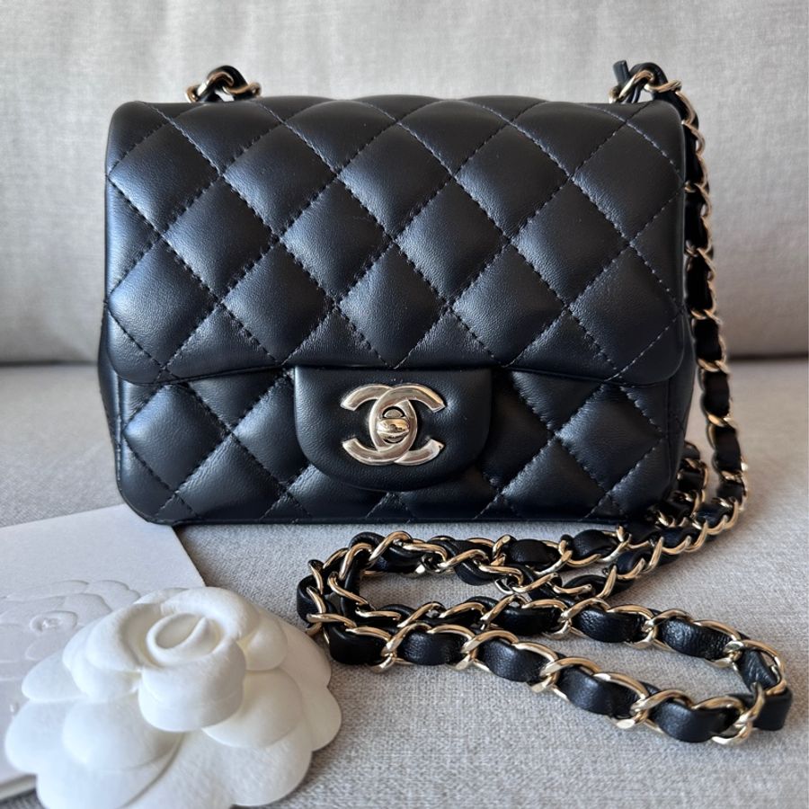 Chanel mini CF 17 方胖 口蓋包 黑金 全新-0
