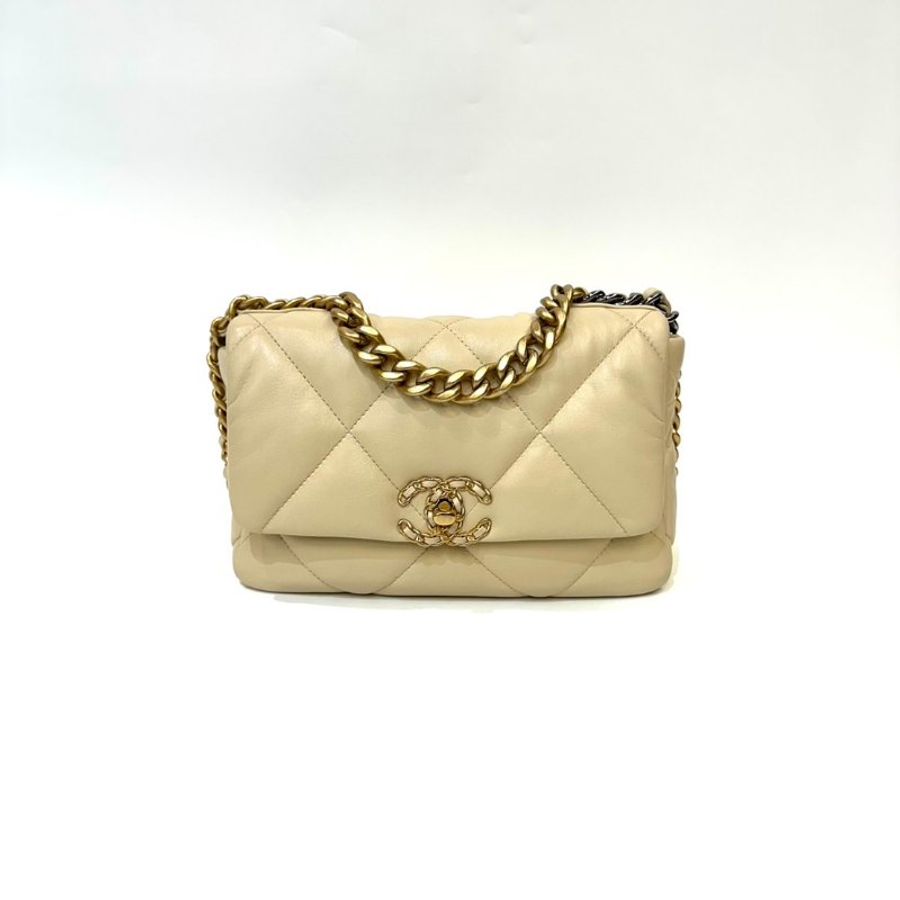Chanel 米白色羊皮菱格金釦手提斜背19包26cm-0