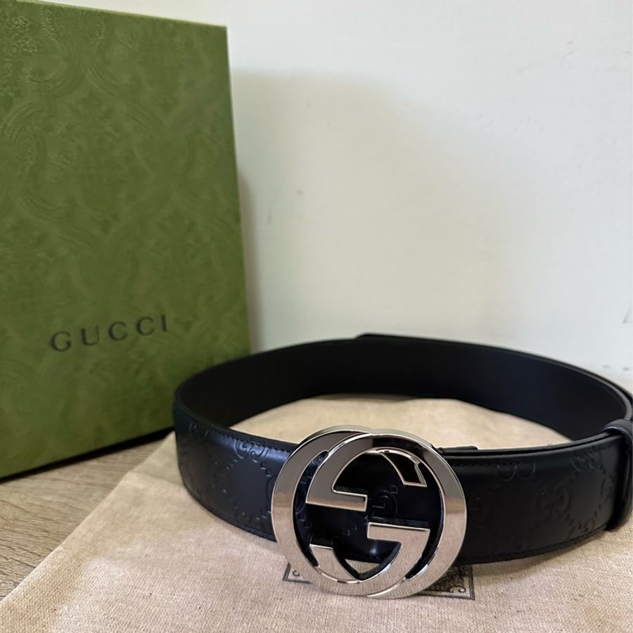 Gucci 90cm GG壓紋皮帶-10