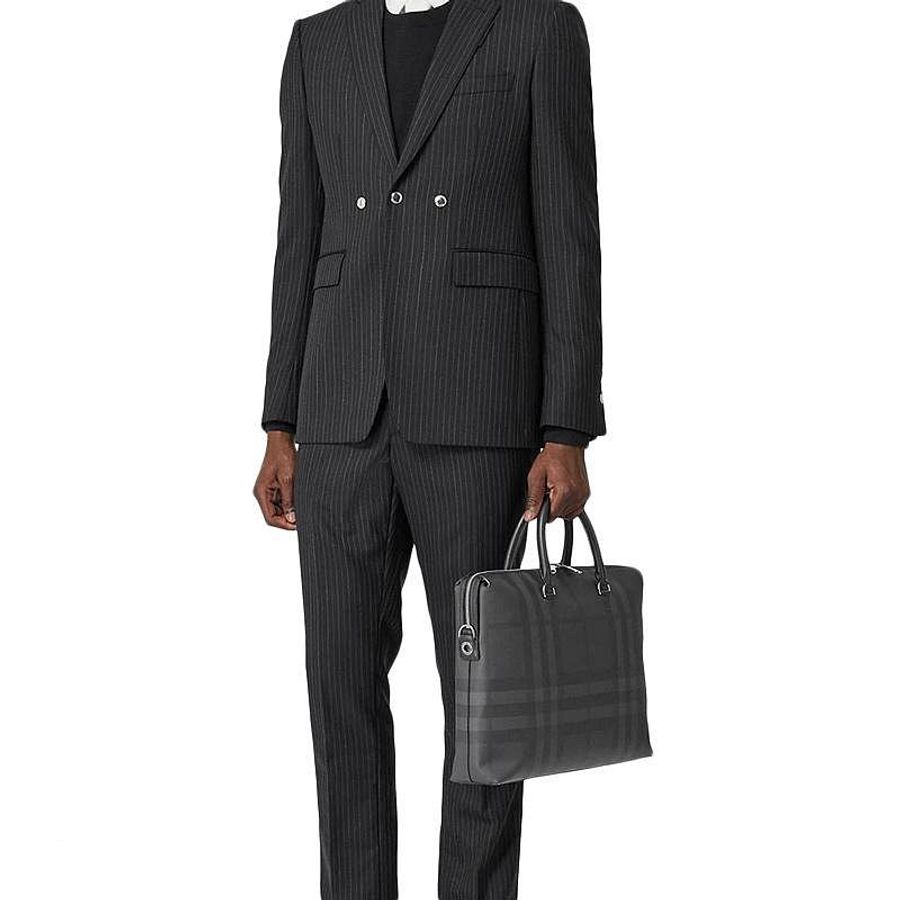 Burberry 灰黑 格紋 防水材質 拉鍊 手提 側背 兩用 公事包-9