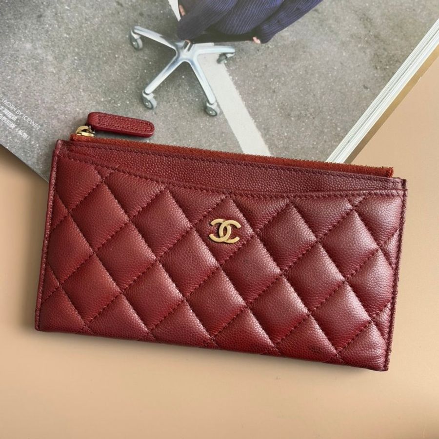::CHANEL::香奈兒 A84107 勃根地紅牛皮金雙C一字拉鍊扁型長夾 錢包色皮革卡片零錢包-0