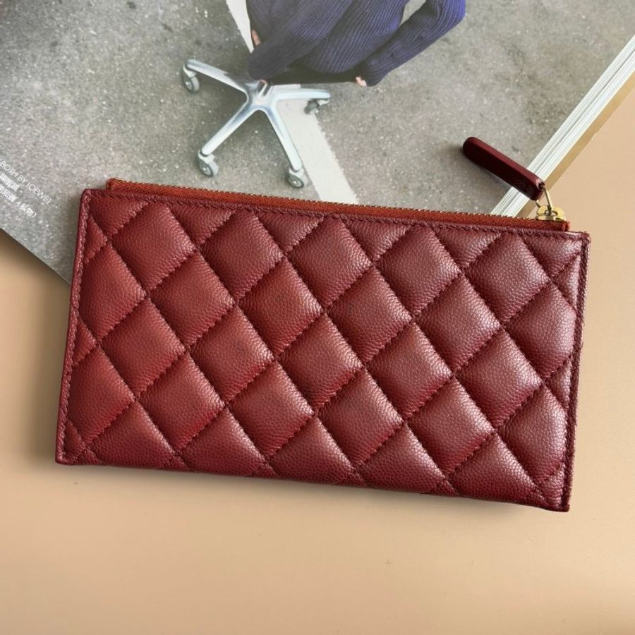 ::CHANEL::香奈兒 A84107 勃根地紅牛皮金雙C一字拉鍊扁型長夾 錢包色皮革卡片零錢包-1