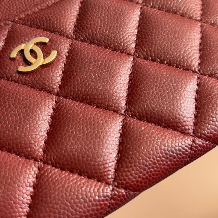 ::CHANEL::香奈兒 A84107 勃根地紅牛皮金雙C一字拉鍊扁型長夾 錢包色皮革卡片零錢包-27