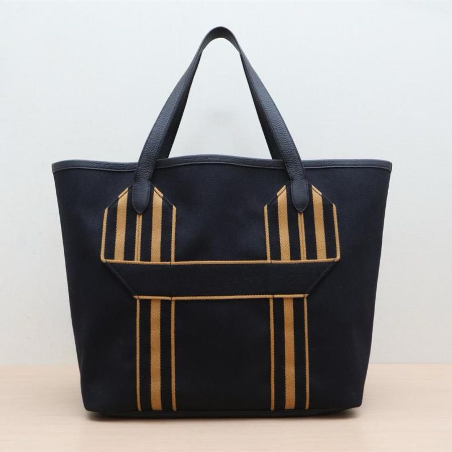 HERMES(愛馬仕) Pursangle tote 購物袋 89黑色 帆布 U刻 銀扣-0