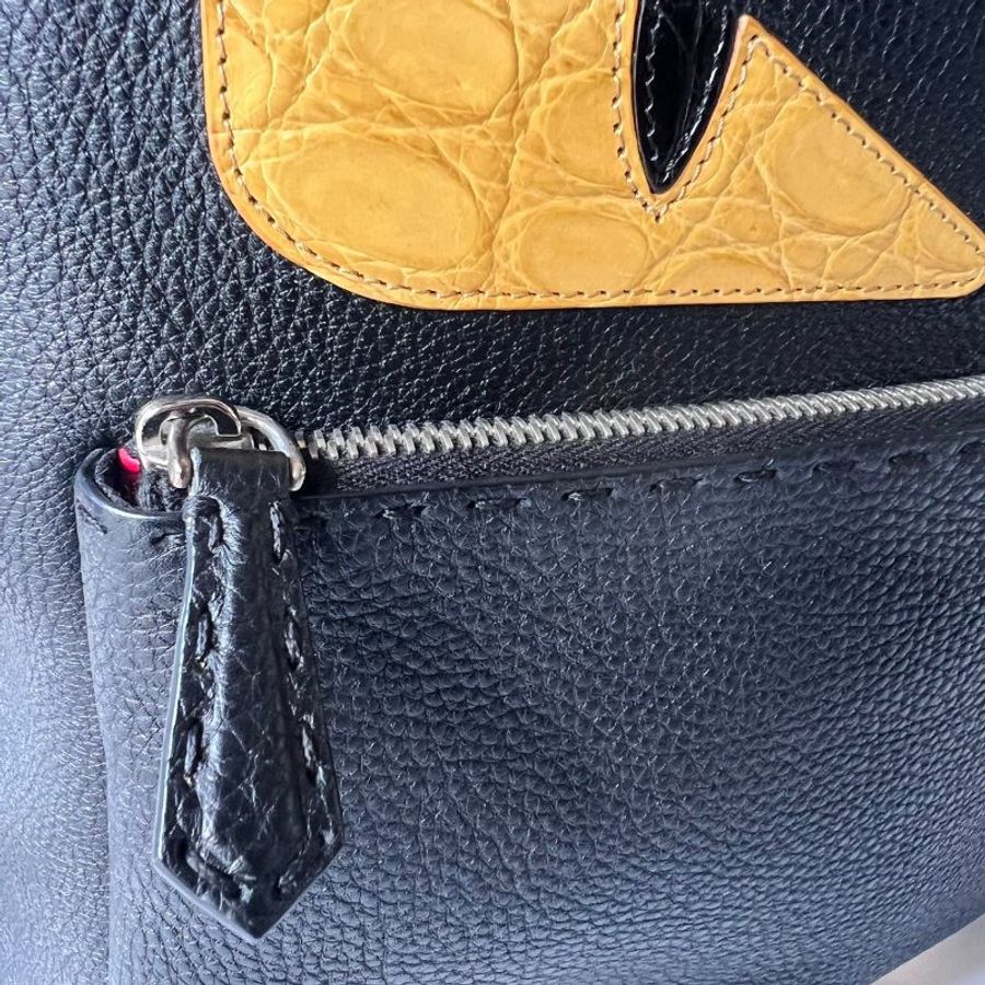 FENDI 黑色 小牛皮 鱷魚皮 黃 眼睛 怪獸 雙肩 後背包 7VZ012-7
