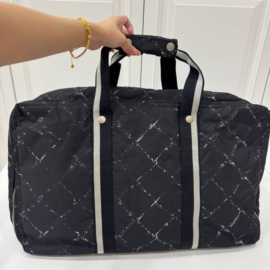 CHANEL 香奈兒 vintage 波士頓包 旅行系列 尼龍 黑銀 登機袋 旅行袋 購物袋 行李袋 手提包-16