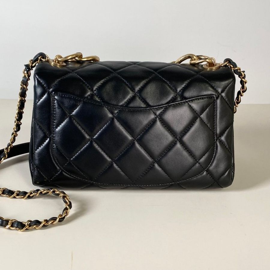 CHANEL 黑色 小羊皮 菱格 粗金鍊 提把 三層 口蓋 風琴包 芯片款-2