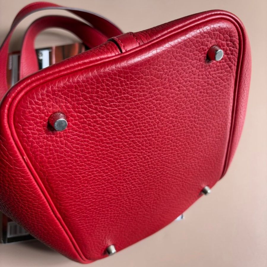::HERMES:: 🄾 方塊O刻 PICOTIN 22紅色牛皮銀釦手提包 菜籃子-4