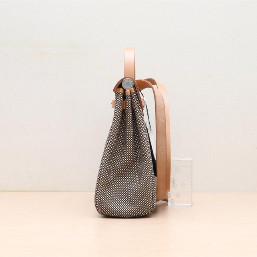 HERMES(愛馬仕) Herbag 31 37金棕色 帆布 B刻 銀扣 拼色-1