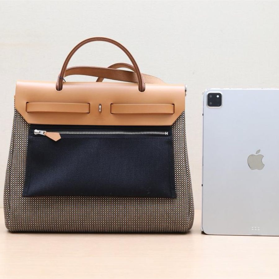 HERMES(愛馬仕) Herbag 31 37金棕色 帆布 B刻 銀扣 拼色-2